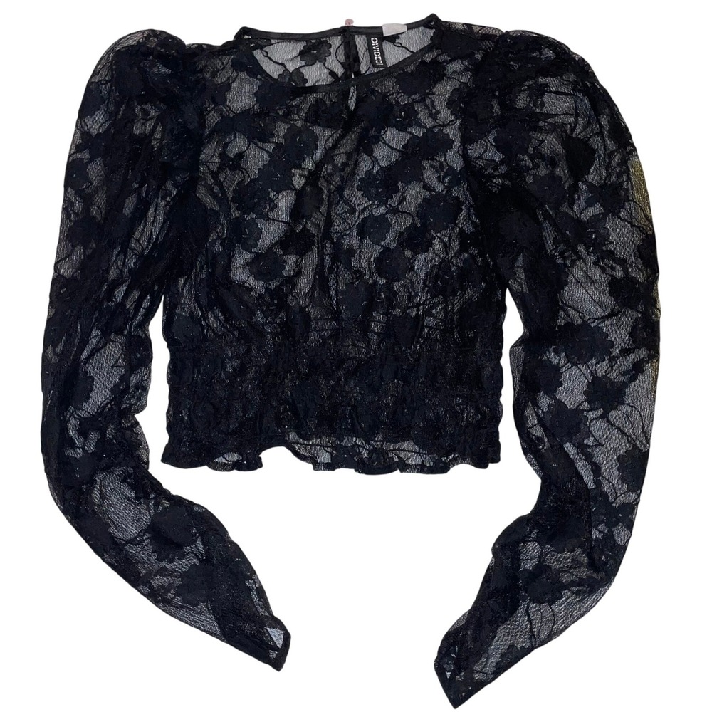 H&M Black Lace Puff Sleeve Top Sheer Romantic Coquette Going Out Blouse - Picture 3 of 7